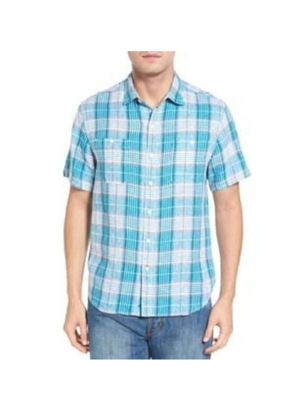 Tommy Bahama Caldera Teal Plaid Men's Linen Shirt Large